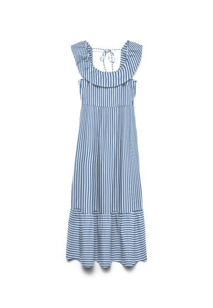 Μίντι φόρεμα χωρίς μανίκια με ριγέ μοτίβο σε μπλε και λευκό, με ντεκολτέ σε σχήμα στρογγυλής λαιμόκοψης με βολάν και κλείσιμο με δέσιμο στο πίσω μέρος. Κατακόρυφες ρίγες στο πάνω μέρος, οριζόντιες στο τελείωμα.