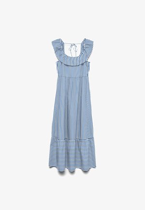 Μίντι φόρεμα χωρίς μανίκια με ριγέ μοτίβο σε μπλε και λευκό, με ντεκολτέ σε σχήμα στρογγυλής λαιμόκοψης με βολάν και κλείσιμο με δέσιμο στο πίσω μέρος. Κατακόρυφες ρίγες στο πάνω μέρος, οριζόντιες στο τελείωμα.