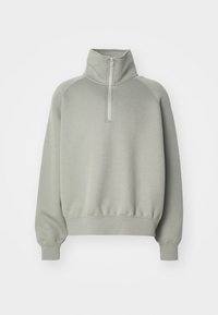 Ljusgrå sweatshirt med hög krage, halvdragkedja och ribbade muddar. Har raglanärmar och en mjuk, slät textur.