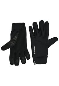 Gants noirs en matériau texturé et flexible. Comprend des accents de prise sur les doigts et une fermeture réglable au poignet. Logo de la marque visible.