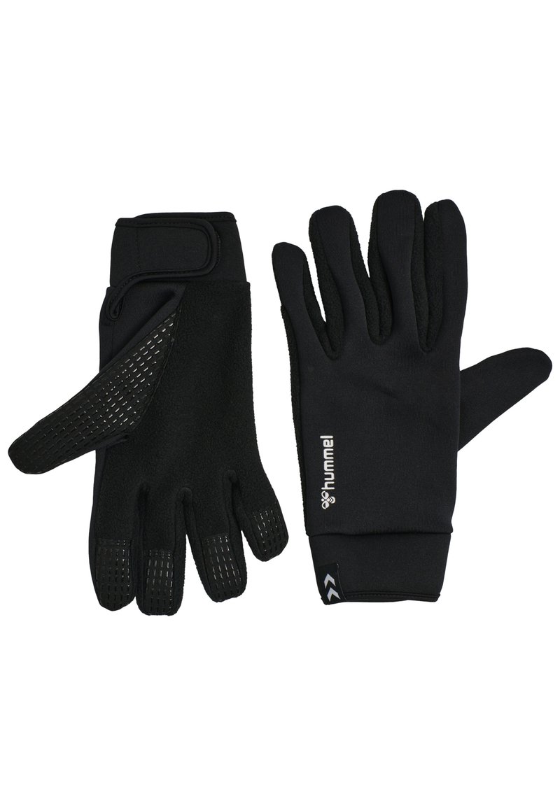 Gants noirs en matériau texturé et flexible. Comprend des accents de prise sur les doigts et une fermeture réglable au poignet. Logo de la marque visible.