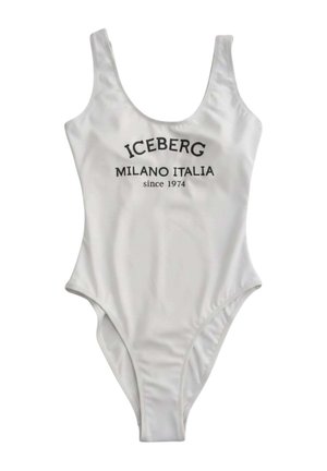 Costume intero bianco con spalline senza maniche e testo nero con la scritta ""ICEBERG MILANO ITALIA since 1974"" sul davanti.