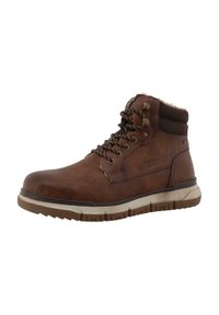 Stivali ankle in pelle marrone con finitura testurizzata, collo imbottito e lacci a contrasto. La suola in gomma presenta un motivo di battistrada robusto.