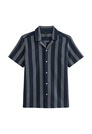 Camicia blu navy a maniche corte con bottoni, strisce verticali grigio chiaro e collo alla camicia.