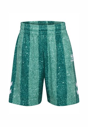 Grønne og blågrønne atletiske stribede shorts med elastisk taljebånd og hvide pil-logoer på hvert ben.