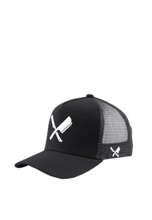 Casquette trucker en mesh noire avec un couperet et un couteau blancs croisés brodés sur les panneaux avant et latéraux.
