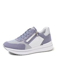 Sneaker viola e bianca con un mix di materiali in suede e tessuto, caratterizzata da una cerniera decorativa e accenti testurizzati, suola in gomma leggera.