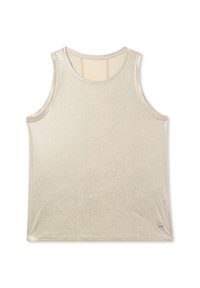 Top senza maniche in tessuto beige lucido, con una texture morbida, scollatura arrotondata e un logo accentato all'orlo. Design liscio e leggero.