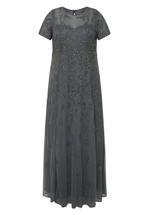 Long grey evening dress with short sleeves, featuring bead detailing and a sheer overlay, flowing silhouette, and a zip closure at the back.