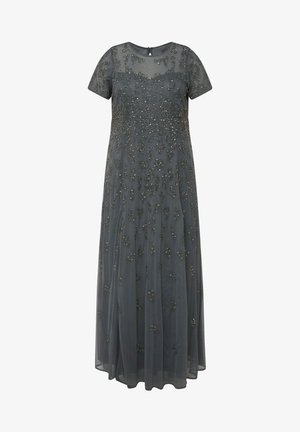 Długa szara wieczorowa sukienka z krótkimi rękawami, ozdobiona koralikami i przezroczystą warstwą, z lejącą się sylwetką i zamkiem błyskawicznym z tyłu.