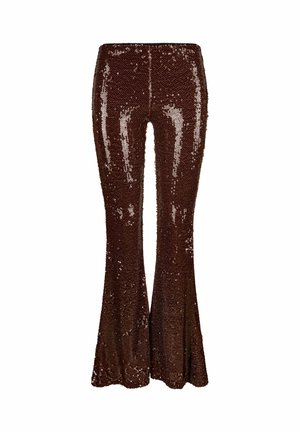 Braune Pailletten-Hosen mit schimmernder Textur und schmaler Taille, ausgestattet mit einer hohen Taille und einem ausgestellten Beinteil.