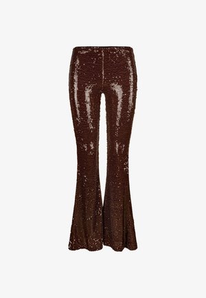 Braune Pailletten-Hosen mit schimmernder Textur und schmaler Taille, ausgestattet mit einer hohen Taille und einem ausgestellten Beinteil.