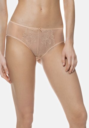 Perizoma in pizzo nudo con pannelli in rete, caratterizzato da motivi floreali e un piccolo fiocco decorativo sul davanti. Tessuto morbido, design a vita media.