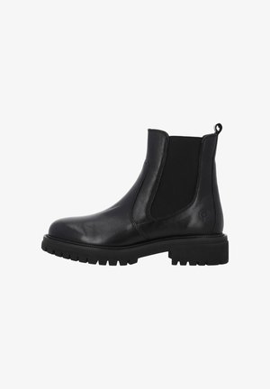 Bottines Chelsea en cuir noir avec des panneaux élastiques sur les côtés, une semelle en caoutchouc épaisse et une languette à l'arrière pour un enfilage facile.