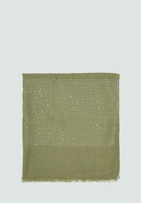 Écharpe vert olive en tissu doux, avec des rayures blanches horizontales et de petits points dispersés. Les bords sont à franges.