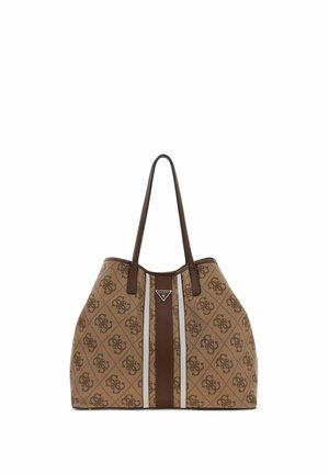 Borsa tote marrone Guess con motivo monogram, strisce verticali centrali e doppi manici a spalla.