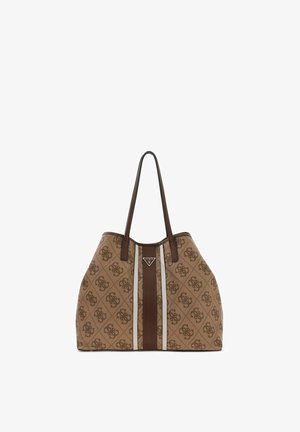 Borsa tote marrone Guess con motivo monogram, strisce verticali centrali e doppi manici a spalla.