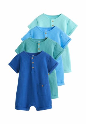 Cztery prążkowane krótkie kombinezony dla niemowląt w odcieniach niebieskiego i zielonego, każdy z drewnianymi guzikami i małą przednią kieszonką.