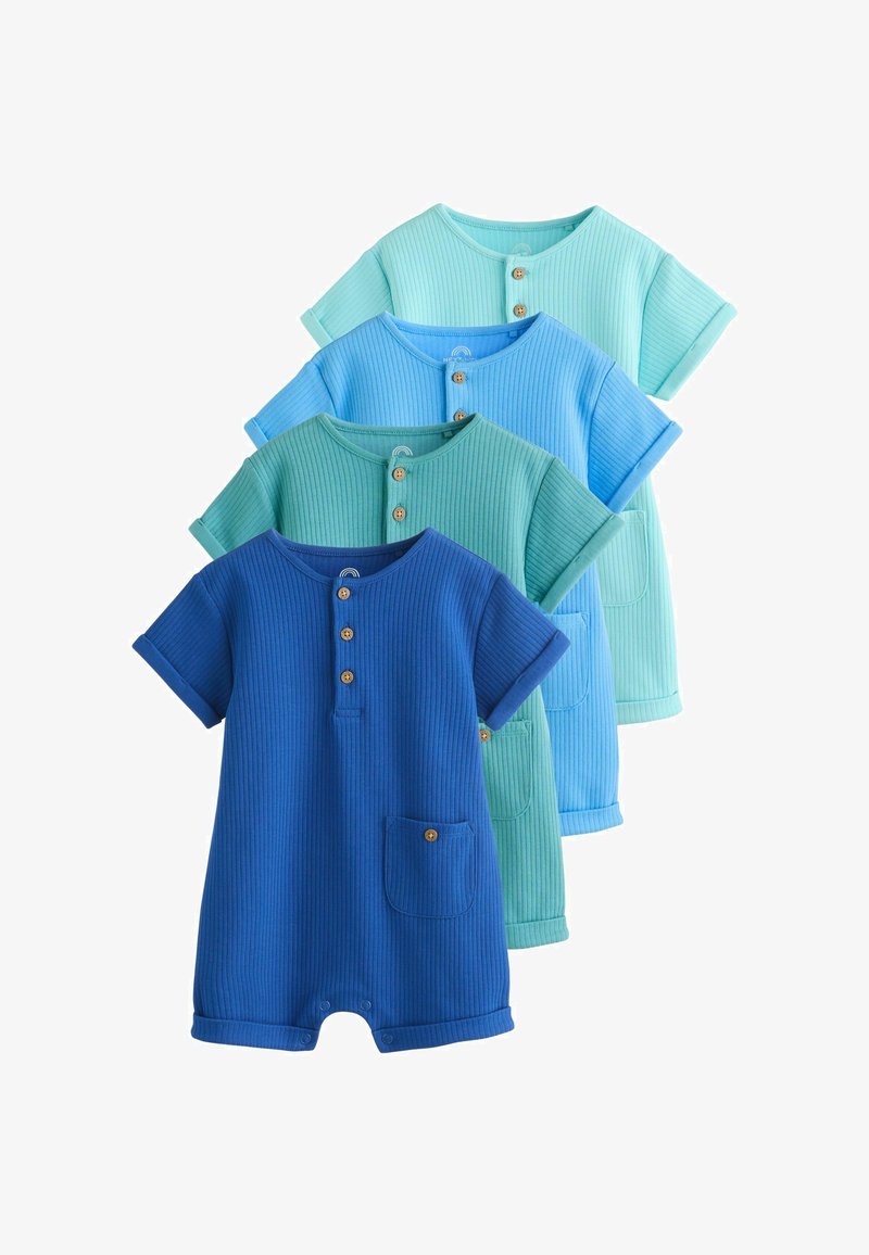 Quatre grenouillères pour bébé à manches courtes côtelées, dans des nuances de bleu et de vert, chacune avec des boutons en bois et une petite poche avant.