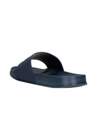 Navy blue slide sandal with a textured outsole, open toe design, and a wide strap for support. Made of durable synthetic material.
