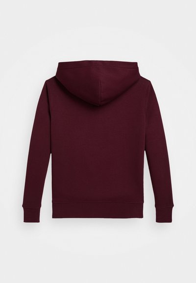 Burgundowa bluza z kapturem, miękka mieszanka bawełny, z długimi rękawami, ściągaczami przy mankietach i kieszenią typu kangur, widok z tyłu.