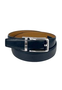 Ceinture en cuir noir avec une boucle en métal argenté, présentant une texture lisse et des coutures contrastées le long des bords. Doublure marron visible à l'intérieur.