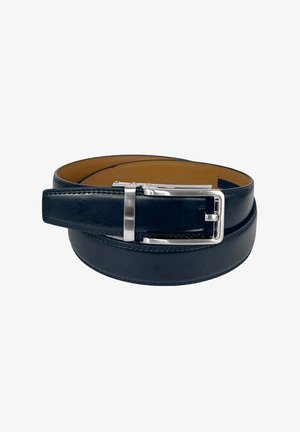 Ceinture en cuir noir avec une boucle en métal argenté, présentant une texture lisse et des coutures contrastées le long des bords. Doublure marron visible à l'intérieur.