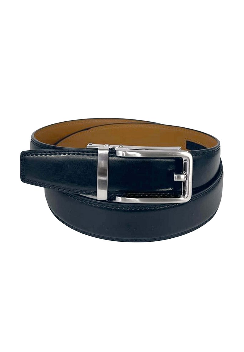 Ceinture en cuir noir avec une boucle en métal argenté, présentant une texture lisse et des coutures contrastées le long des bords. Doublure marron visible à l'intérieur.