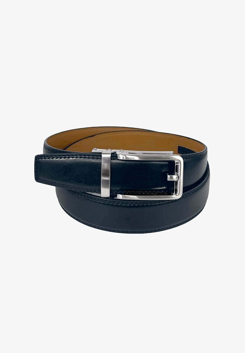 Ceinture en cuir noir avec une boucle en métal argenté, présentant une texture lisse et des coutures contrastées le long des bords. Doublure marron visible à l'intérieur.