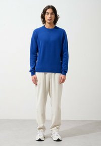 Blauer gestrickter Pullover mit langen Ärmeln und rundem Ausschnitt; kombiniert mit hellbeigen strukturierten Hosen und weißen Sportschuhen.