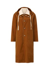 Dlhý hnedý kabát s kapucňou, veľkými prednými vreckami, zapínaním na gombíky, bielym golierom a bielymi šnúrkami.