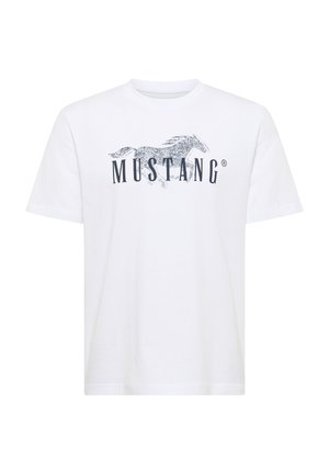 White short-sleeve t-shirt with a black graphic of a running horse and the word "MUSTANG" across the chest.