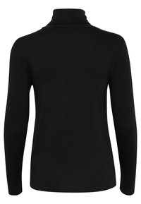 Black long-sleeve turtleneck shirt with a smooth, stretchy fabric. Features a high collar, fitted silhouette, and simple hemline.