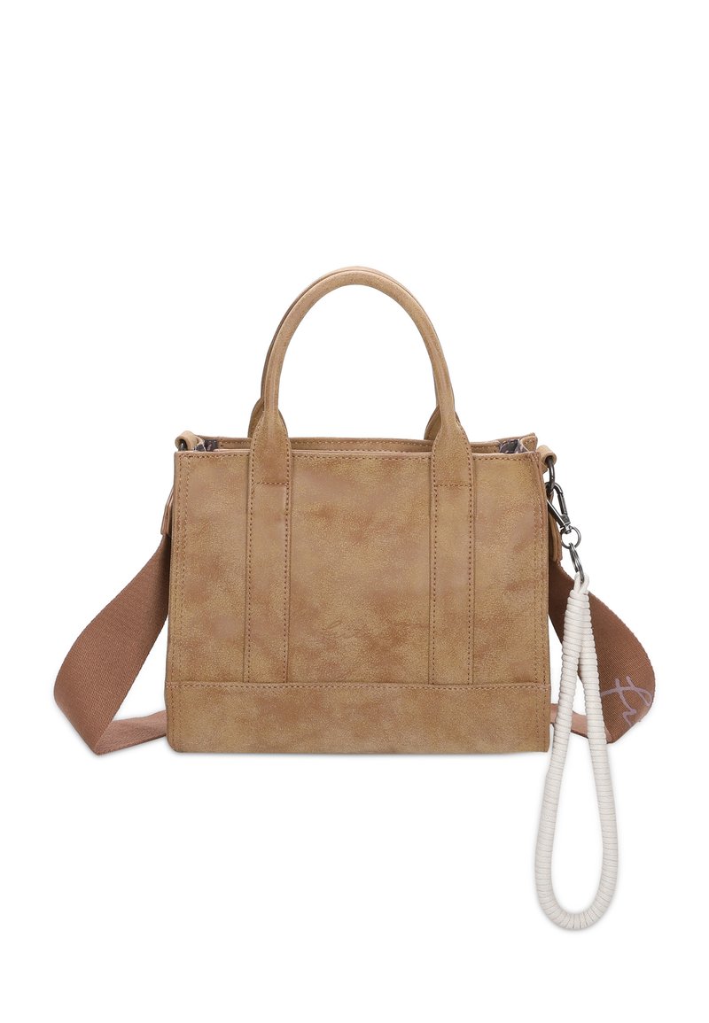 Bolso de mano de imitación cuero en color bronce con asas dobles en la parte superior, correa para el hombro desmontable y superficie texturizada. Presenta detalles de costura y un cierre de cremallera.