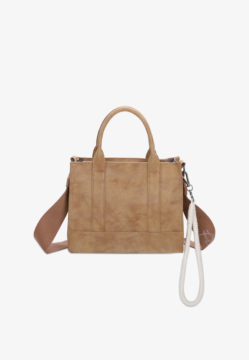 Tan faux leather handbag with dual top handles, detachable shoulder strap, and textured surface. Features stitching details and a zip closure.