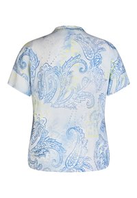 Short-sleeved shirt in light blue fabric featuring a paisley pattern in darker blue and yellow accents, with a round neckline and relaxed fit.