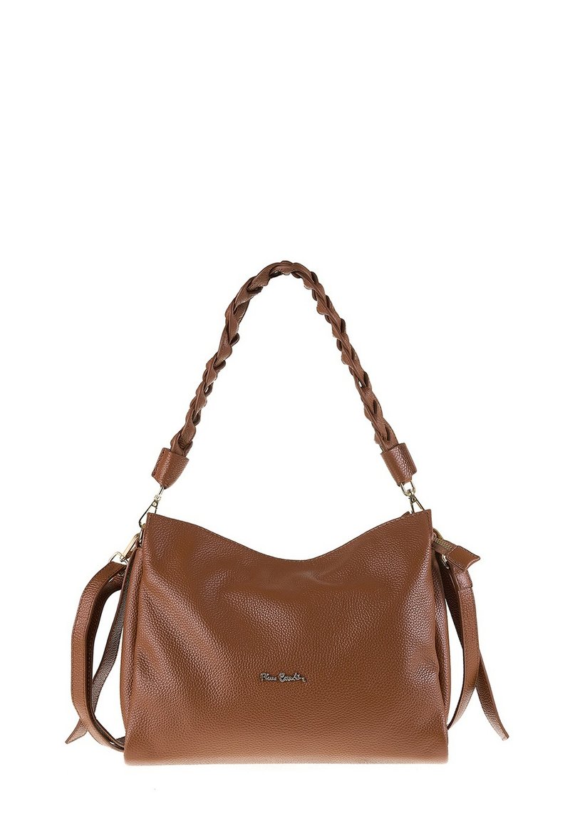 Borsa a mano in pelle marrone con manico intrecciato, tracolla aggiuntiva e piccolo logo impresso al centro anteriore.