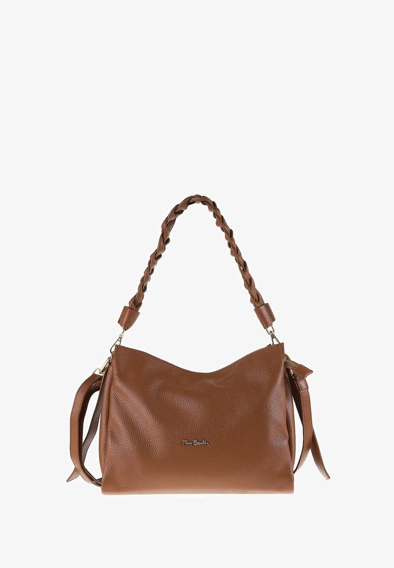 Borsa a mano in pelle marrone con manico intrecciato, tracolla aggiuntiva e piccolo logo impresso al centro anteriore.