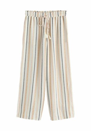 Gestreifte, weit geschnittene Hosen mit elastischem Bund, die orange, marineblaue und pinke Streifen auf weißem Hintergrund sowie dekorative Quasten aufweisen.
