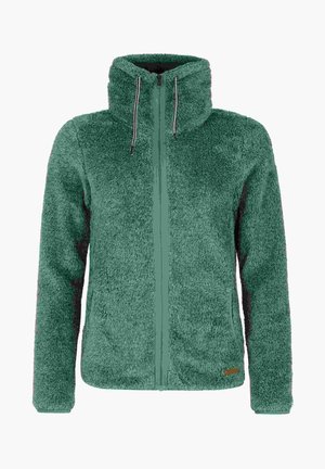 Groene fuzzy fleece jas met een hoge kraag, rits aan de voorkant en koordjes. Bevat contrasterende zwarte zijpanelen en twee voorzakken.