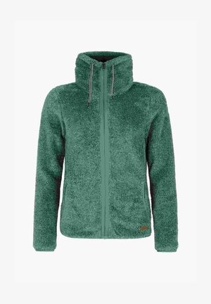 Chaqueta de forro polar verde y esponjosa con un alto cuello, cremallera frontal y cordones. Presenta paneles laterales negros contrastantes y dos bolsillos frontales.