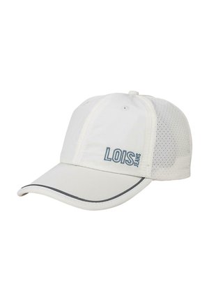 Gorra de béisbol blanca con laterales de malla, visera curva y un logo azul bordado "LOIS JEANS". Tejido liso con detalles sutiles.