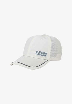 Gorra de béisbol blanca con laterales de malla, visera curva y un logo azul bordado "LOIS JEANS". Tejido liso con detalles sutiles.