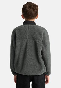 Grauer Fleece-Pullover mit weichem, strukturiertem Finish, einem schwarzen Kragen und lässiger Passform, von hinten betrachtet.