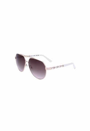 Occhiali da sole Aviator con lenti scure sfumate, montatura sottile metallica in oro rosa e terminali bianchi con dettagli a catenella.