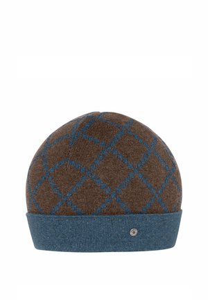 Braune gestrickte Beanie-Mütze mit blauem diagonalem Karomuster und umgeschlagenem blauem Bund mit kleinem rundem Metall-Logoschild.