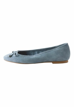 Light blue suede ballet flat with round toe, small decorative bow, and flat tan sole, shown from side on white background.