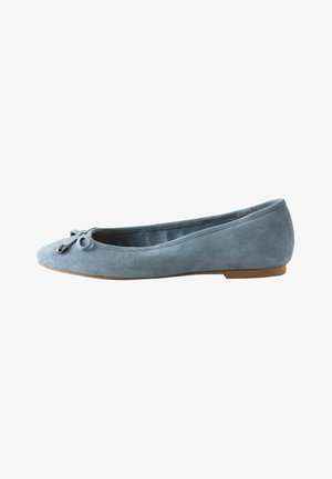 Light blue suede ballet flat with round toe, small decorative bow, and flat tan sole, shown from side on white background.