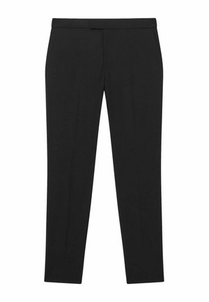 Pantalones negros de corte ajustado con un fit slim, delantero plano y trabillas para cinturón. Textura suave y perneras ajustadas para una silueta limpia.