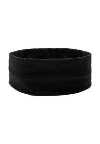 Czarna opaska na głowę z gładkiej tkaniny, szerokim krojem i elastycznym rozciągnięciem, odpowiednia do utrzymywania włosów na miejscu podczas aktywności.